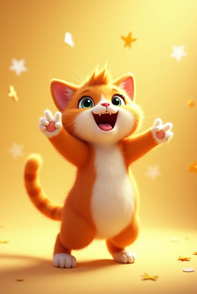 Create an animated video of a cute cat dancing playfully and energetically. The cat has soft fur and an adorable, cheerful expression. The dance moves should be lively and fun, set against a bright and cheerful background, with upbeat and joyful music