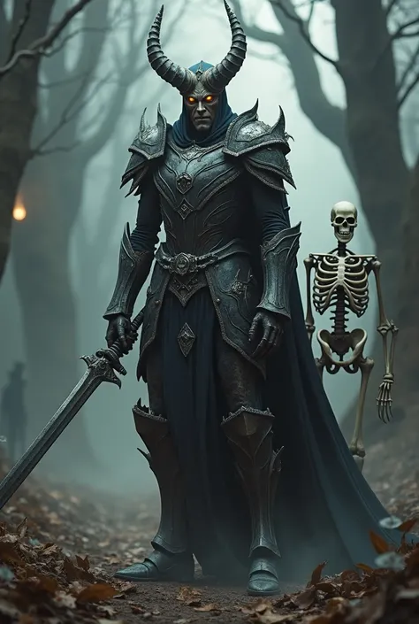 A knight half human half demon with a two-sided tailor sword brings a skeleton around dark fantasy very realistic very!