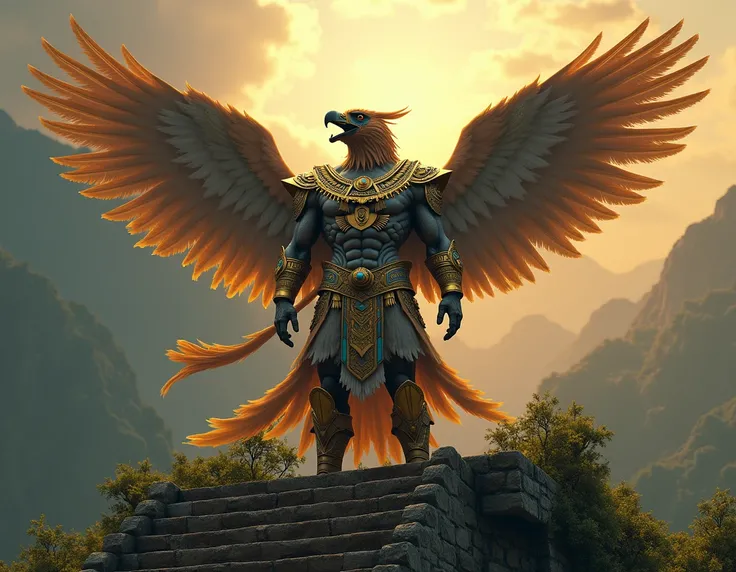 At the pinnacle of an ancient mountain, where the sky meets the earth in a fierce embrace, an Aztec king stands tall on a weathered stone staircase that ascends from the jungle below. His body, powerful and regal, is adorned in gold and jade armor, intrica...