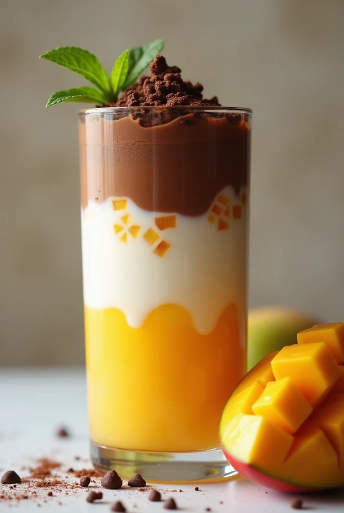 generate me a layered smoothie drink with smashed mango on the bottom white milk in the middle and chocolate on top 