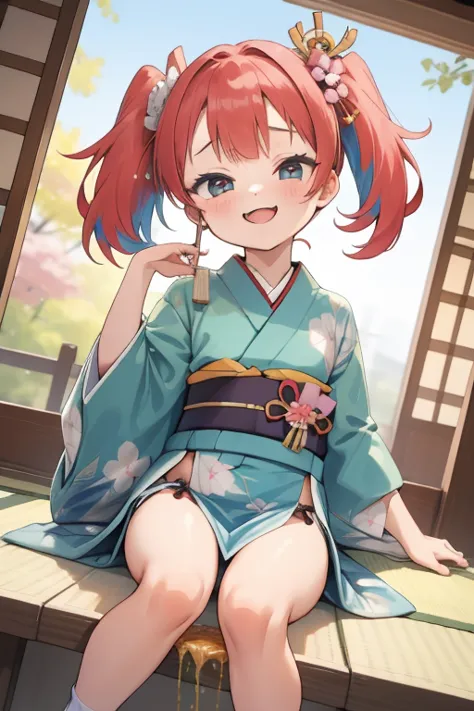 ( japanese )，  young girl， cute loincloth ，japanese festival，cute kimono，i saw the world，urine stains，(side pony,  colorful hair...