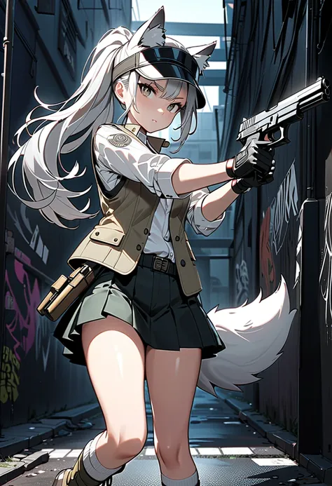 (masterpiece, best quality),stylish and cool illustration of a young girl crossing her arms while holding two Glock 34 pistols in a dynamic pose. She has a confident and fearless expression, Her hair flows slightly as if caught in motion, adding to the sen...