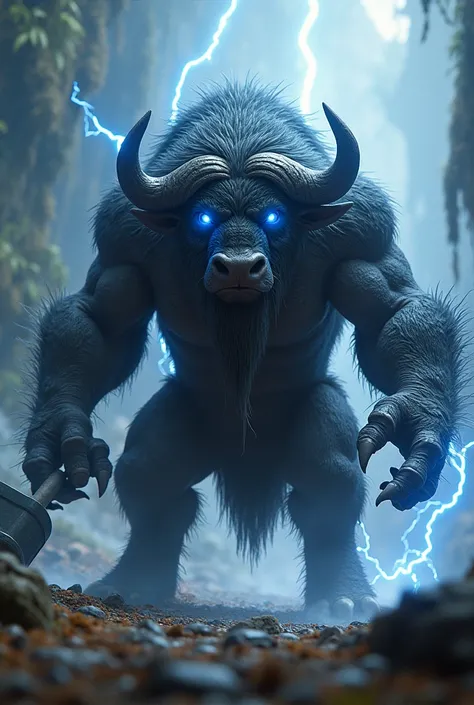  image shows a creative concept of a hybrid between a buffalo a thor, blending the features of both. It represents a fantasy or sci-fi design often found in digital art. Let me know if youd like to generate a similar visual or discuss it further!the eyes a...