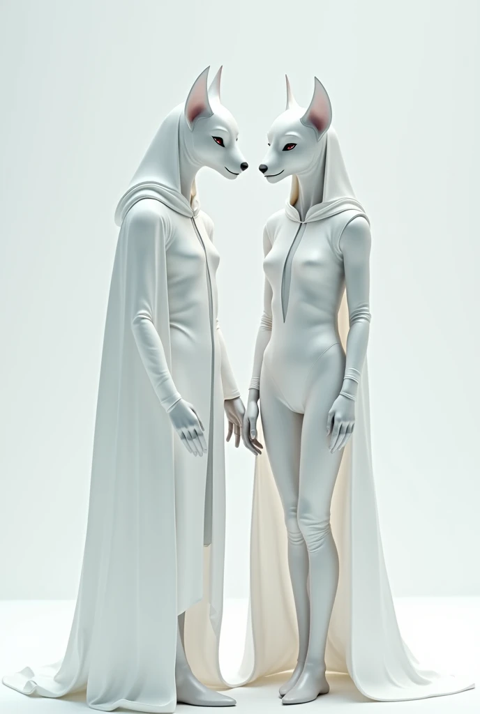 2 people steel geoparte with white fur dressed in white clothes 