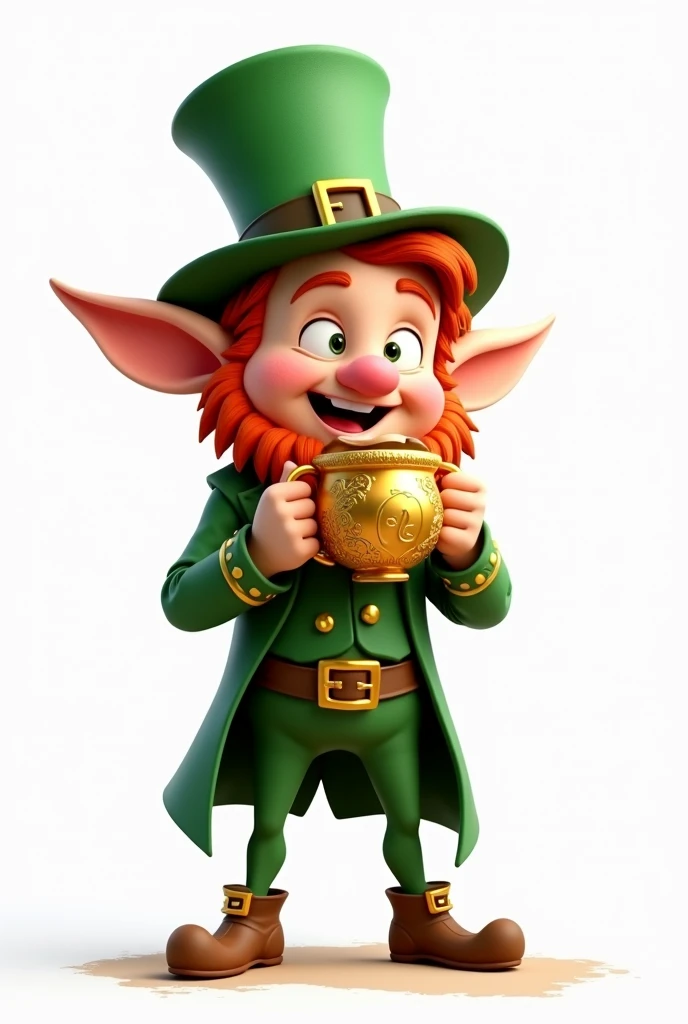  a Leprechaun standing in front of him drinking coffee in a golden mug, Pixar-style cartoon with white background .