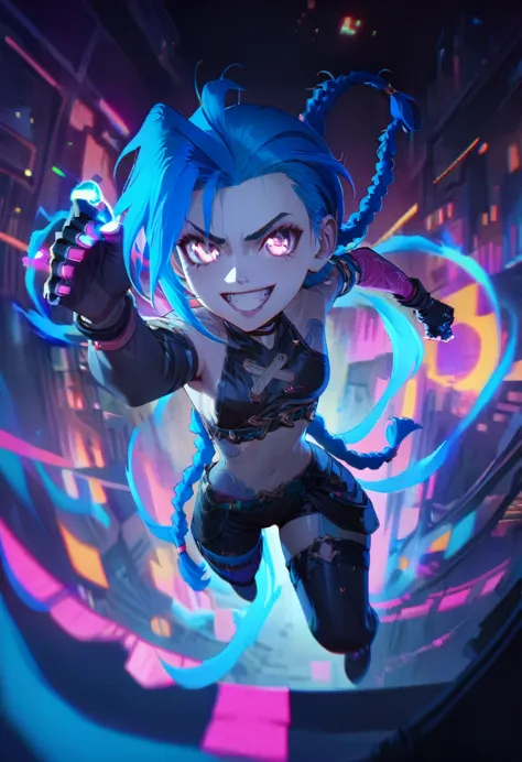 a close up of the arcane jinx, arcane jinx, arcane jinx, jinx from league of legends, blue hair, two braids in the hair, long br...