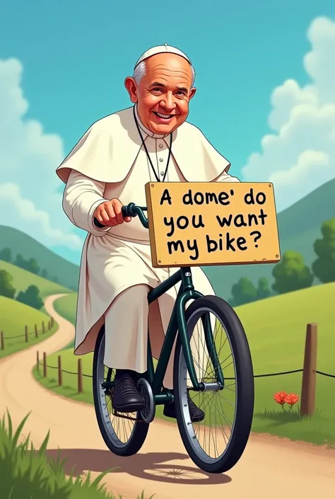  Pope Francis on a bike with a sign with the inscription: A Dome do you want my bike  