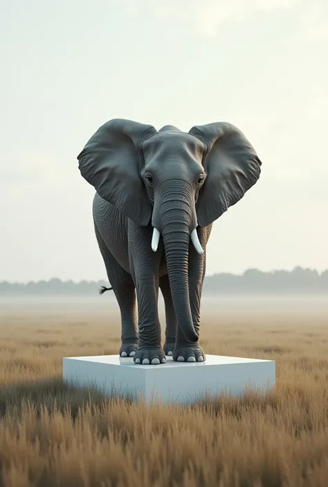 An elegant elephant standing in a grassy plain, with a shiny white cube resting beside it. The cube contrasts the natural texture of the elephants skin and the wilderness backdrop." 