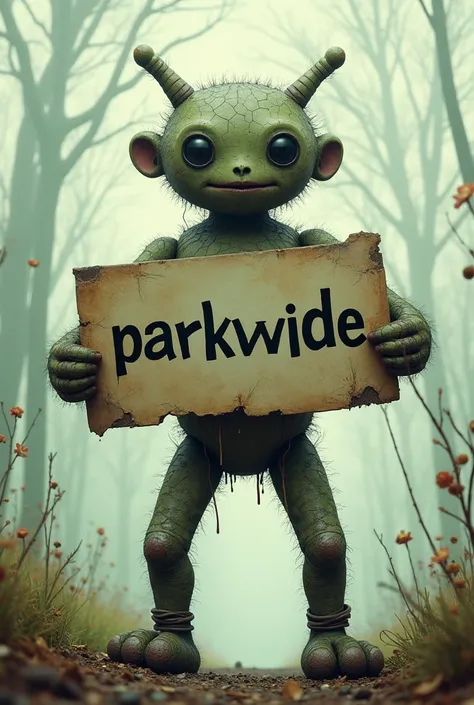 Un Stitch en t-pose tenant une affiche avec écrit "PARKWIDE"