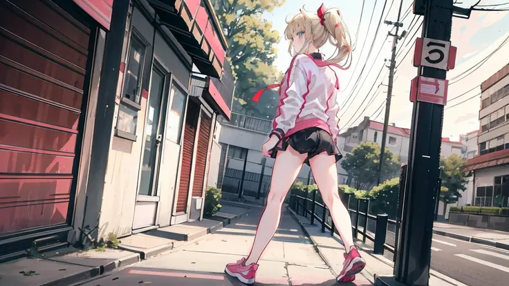  Rear view of a 19-year-old womans full body, High angle, Blonde,Straight cut bangs , low ponytail hair ,Straight hair,Green eyes,Stylish clothing , red ribbon,  pink fluorescent sneakers, Side view running on the road. nostalgic expression , Im perplexed ...