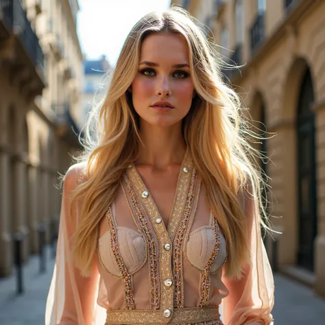 frontal portrait of the Slavic slim-fit model (Ellen), (big natural breasts 1.4) with long blonde hair wearing Elie Saabs summer collection, featuring luxurious delicate beaded downbuttoned shirt. The focus is on their intricate designs, she is surrounded ...