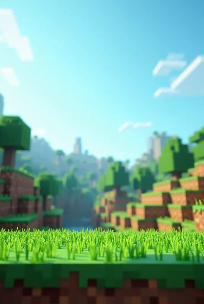 A realistic and vibrant Minecraft-themed background designed for YouTube thumbnail size (YouTube thumbnail), featuring a lush grassy landscape with realistic grass textures blended with Minecraft-style blocky elements. The sky is bright and clear, and the ground shows layers of dirt and stone. No characters, text, or extra elements, just the environment.