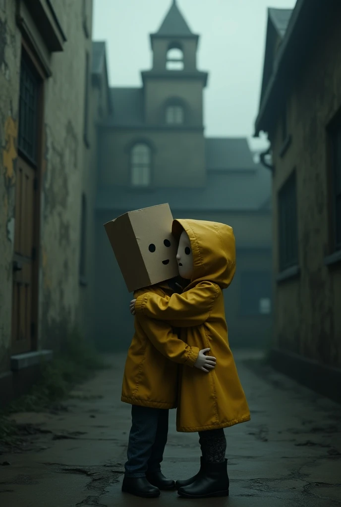 Please generate an image of Six and Mono from Little Nightmares 2, they are hugging each other and are standing in the scary school in the Pale City.