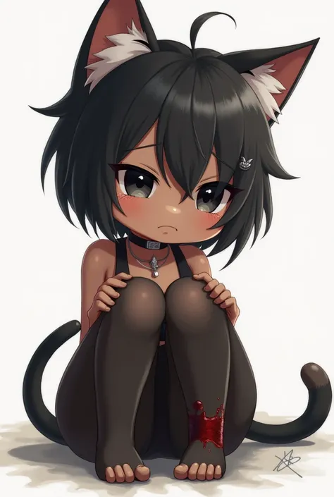 short hair、 Black Hair、cat ears、" Brown Skin "、 black pupils 、 band-aid ，band-aid 、 Black Stockings 、cute、Girls、 only one person 、dark skin、Cat girl、 Brown Skin 、 collar、 Hairstyle Slightly messy ， Edge Cut Sharp 。 with hair hanging over the face、Height 14...