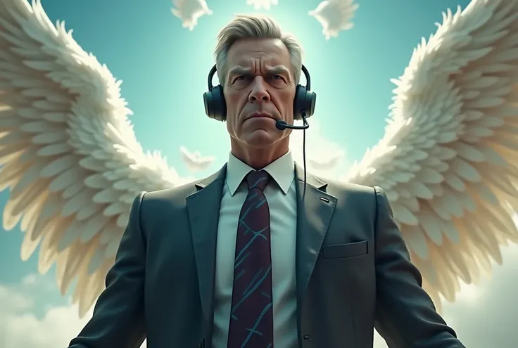 A very bad male teacher stands in a headset.  Angels fly around him.