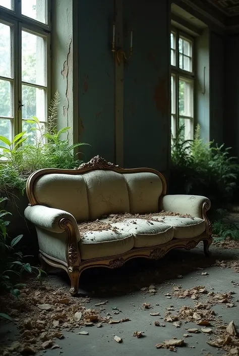 Do The picture shows a classic-style sofa all torn and old,   with ornate details , in a degraded environment .  The place appears to be an old mansion or hall in a state of abandonment ,  with vegetation invading the space ,  dry leaves on the floor and a...