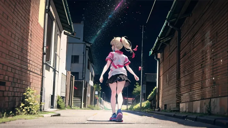  Rear view of a 19-year-old womans full body, High angle, composition seen from above , Blonde,Straight cut bangs , low ponytail hair ,Straight hair,Green eyes,Stylish clothing , red ribbon,  pink fluorescent sneakers, Side view running on the road. nostal...