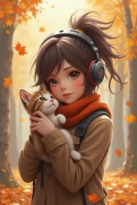  An empty template for filling out games and mailing players ,  is written in capital letters, which depicts a hyperrealistic girl with her hair held high,  with headphones and a scarf , playing with a kitten . The background is neutral,  are made in warm ...