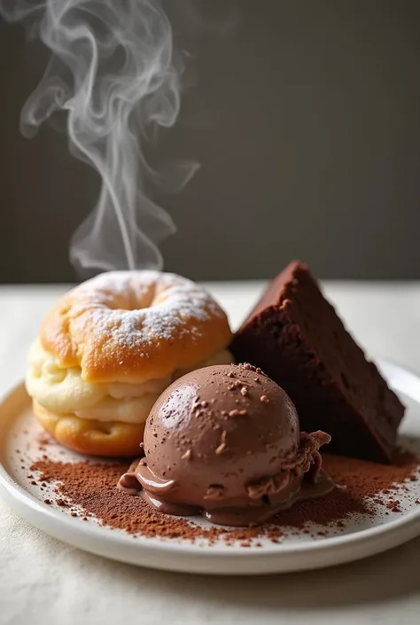 Plate with siopao, chocolate icecream and a slice of chocolate cake with side of Dutch Mill