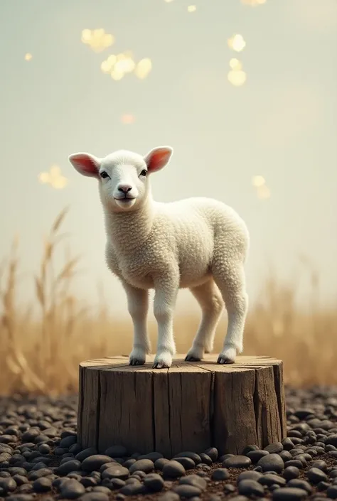 Un agneau blanc de pourpre mit sur un abattoir en bois massif dont tout autour il y a des cailloux noir dAfrique avec un ciel blanc et des étoiles jaunes qui sintilles 