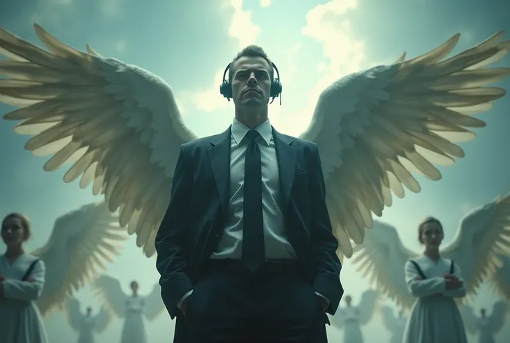 A very bad male teacher stands in a headset.  Angels fly around him.
У самого учителя нет крыльев