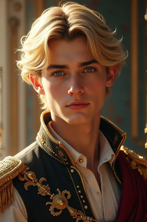 A prince with blond hair and dark blue eyes, with a face similar to a young Joe Jonas in the Camp Rock era.