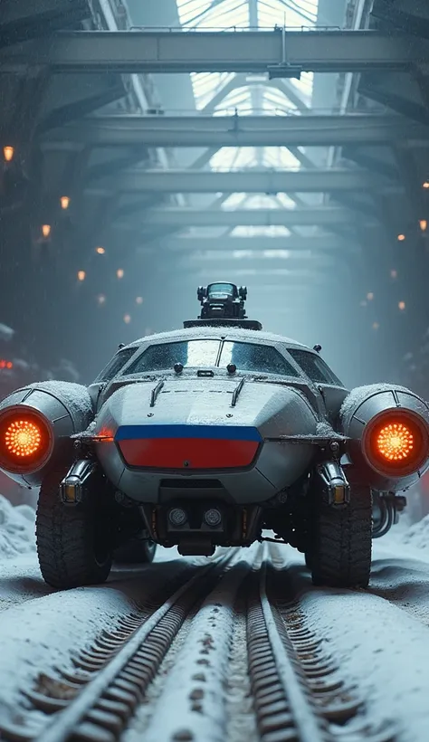 A massive, armored hovercraft with plasma cannons and robotic arms, featuring a glowing Russian flag decal on its front. It is parked in a snowy, high-tech military hangar.