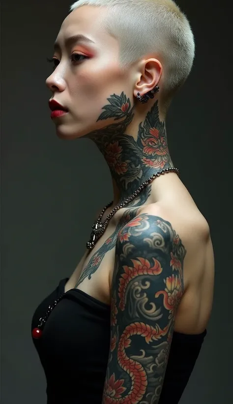 yakuza goth girl,  Bald Japanese woman with a tattoo of a Chinese dragon covering the left side of her neck next to her left arm, Faça-o com um corpo fino e delicado High definition detalhado pretty face Skinny teen Asian Dark skin goth tattoo, small titie...