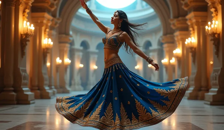 "A regal Indian woman performing a classical-meets-modern dance in a royal palace courtyard. She is wearing a rich blue and gold anarkali dress with intricate embroidery, paired with a traditional maang tikka and bangles. The palace backdrop includes ornat...