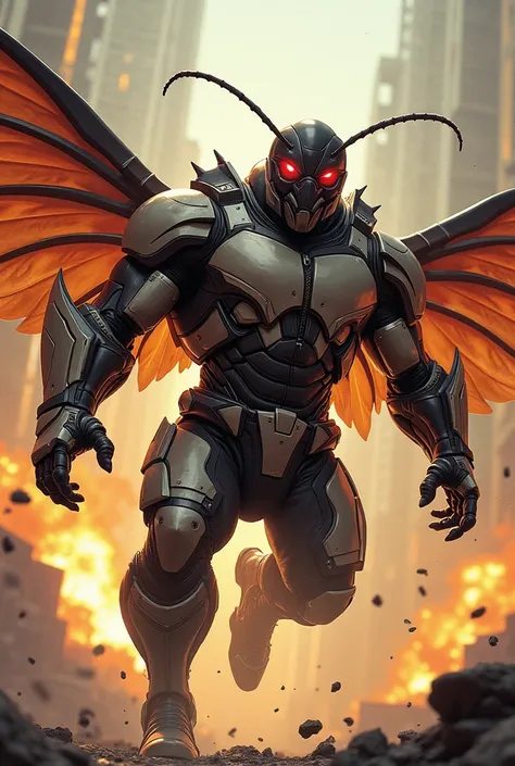 A cool cockroach human superhero, with a futuristic and action-packed design. This character has a stocky and athletic body, with strong and elastic-looking cockroach wings on his back, ready to fly. His face looked sharp with a black mask that disguised h...