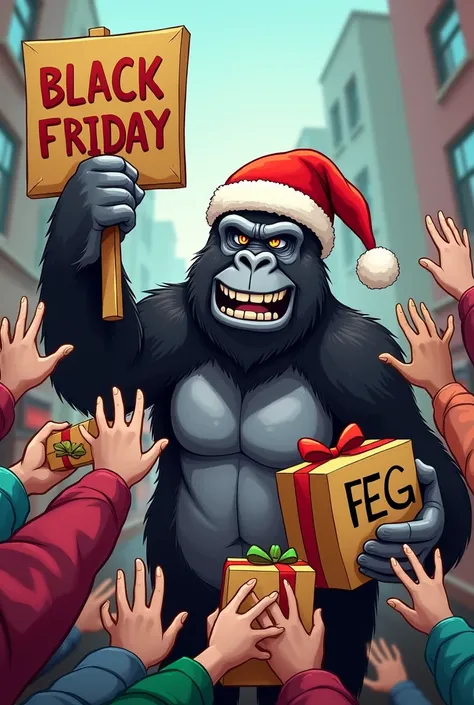 A picture of a comedy gorilla selling a whole box of gifts
The left hand of the gorilla placard that says black friday He also has a Santa Claus hat with Feg written on it All the people are next to him, they put their hands towards the gorilla to take one...