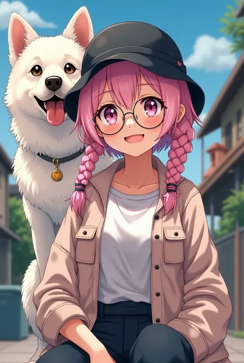 The , 17, braided two light pink corks, put on a black bucket hat, put on circular glasses, had a big white dog perched behind his back, the  made into an anime figure, saw half.