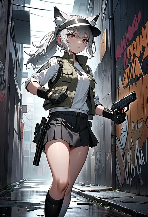 (masterpiece, best quality),stylish and cool illustration of a young girl crossing her arms while holding two Glock 34 handgun in a dynamic pose. She has a confident and fearless expression, Her hair flows slightly as if caught in motion, adding to the sen...