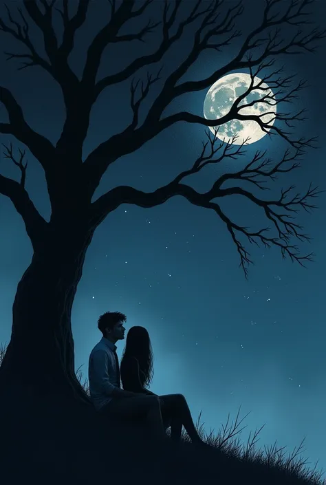 **Prompt:**

"Deep night scene where a couple is sitting under a large tree, expressing love and emotions. One person is looking up at the moon with a hint of sadness or longing. The moon appears in the shape of a serpent, adding a mystical, symbolic look ...