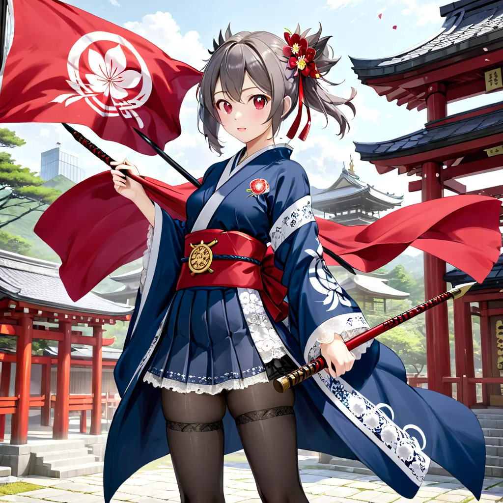 (   Very Detailed CG Octane Rendering 8K Wallpaper with Long Spears ),   Worlds Most Beautiful Artwork  ,  A flag with a coat of arms attached to a long spear,  complicated,   high detail, Shrine maiden, Lace embroidery,   Japanese Kimono, cotton cloth,  S...