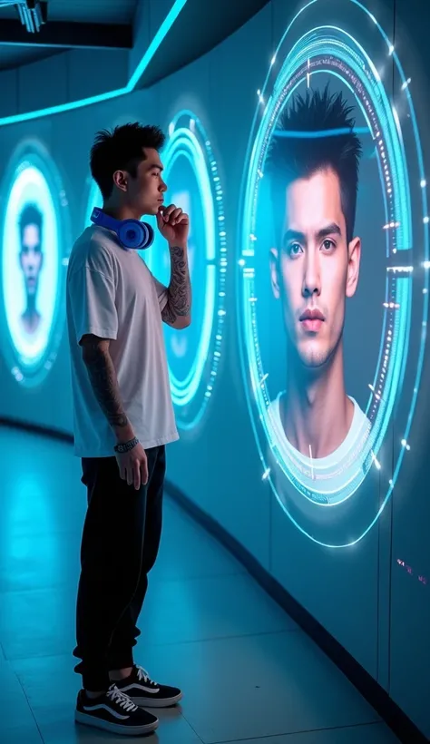 Cinematic shots of futuristic nightclub with advanced artificial intelligence technology for the entertainment of the people inside . This disco is full of holographic screens and turntable environments and DJ buttons . A handsome tattooed man of Chinese o...