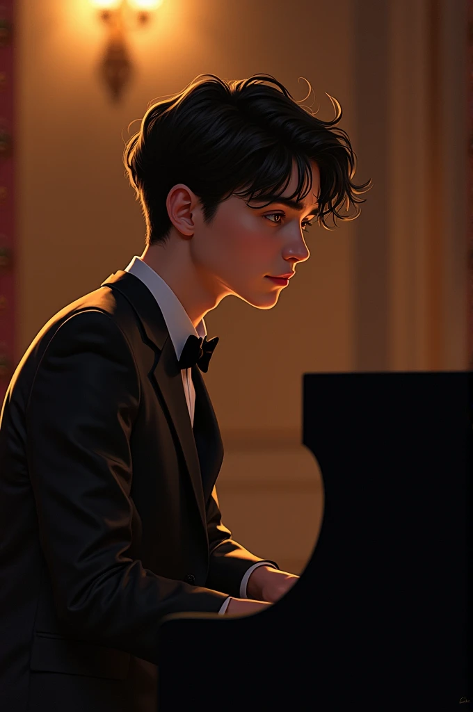 A handsome young man who is a young pianist, with black hair and brown eyes. His face resembles the young Lucas Grabeel in the High School Musical era.