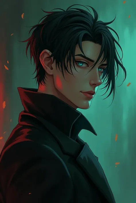 Male character in his 20s. With choral black hair and sharp ice Blue eyes. His hair covering half of his left side of forhead.. Dark aura surrounding him.. Tall with broad shoulders. Looks like royalty .. Hes  veeeery handsome. But a mixture of both red an...