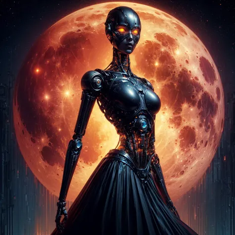 a close up of a machine woman in a long dress standing in front of a full moon, cyborg goddess in cosmos, humanoid woman, retrofuturistic female android, dark sci-fi art, cyborg woman, sci-fi android female, 8 0s style tomasz alen kopera, portrait of a fem...