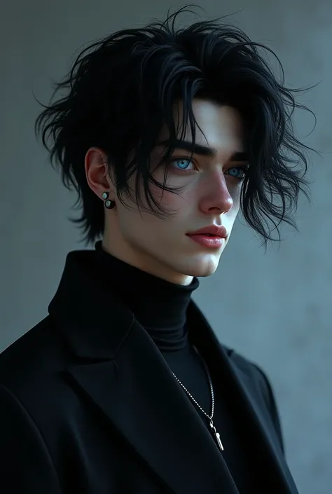 Male character in his 20s. With choral black hair and sharp ice Blue eyes. His hair covering half of his left side of forhead.. Dark aura surrounding him.. Tall with broad shoulders. Looks like royalty .. Hes  veeeery handsome. Green flag. Focus on his eye...