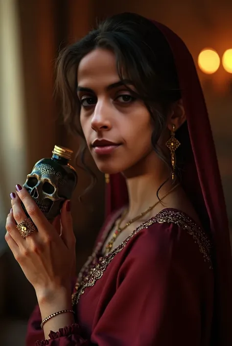 a young moroccan woman in a long burgundy arabic dress, thin figure, grabbing a poison bottle arsenic skull, beautiful detailed eyes, beautiful detailed lips, extremely detailed face, long eyelashes, intricate gold ring on finger, serene expression, warm l...