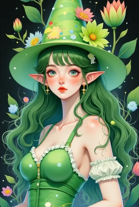 painting，Beautiful girl in a juicy hat,Green Hair，（（（Succulents））， Guviz Stylized work of art,，Artistic Creativity:1.37