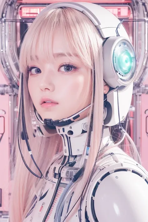 masterpiece, best quality, extremely detailed,portrait,upper body,front view,Japaese android girl,Plump, control panels,android,Droid,Mechanical Hand, Robot arms and legs,Blunt bangs,long tube,thick cable connected her neck,