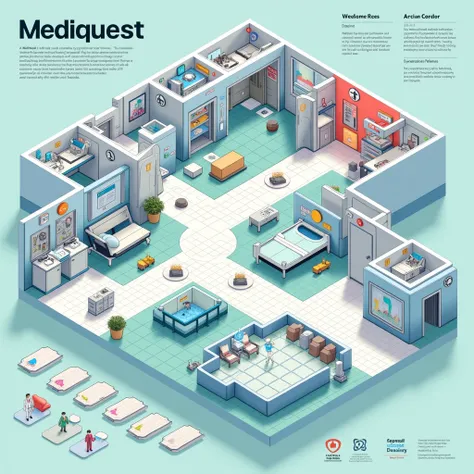 A detailed and visually engaging board game design for a medical-themed game called Mediquest. The board features multiple interconnected areas that represent stages of medical treatment, including a waiting room, hospital corridor, doctors office, medical...