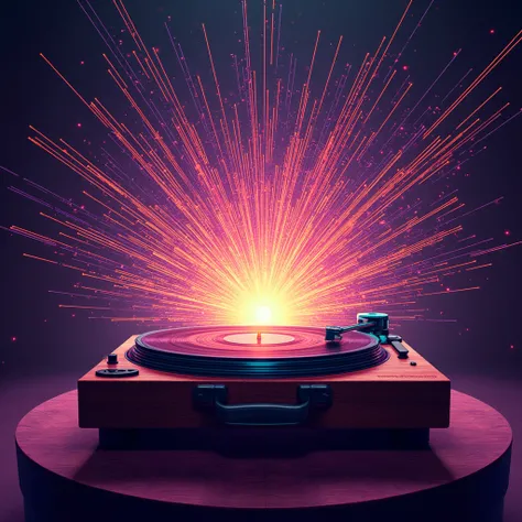 Vintage Record Player, A Radiant Particle Nexus illustration, where vibrant particles converge and radiate outward. Use bright and electrifying to capture the dynamic energy of the particles.

full body, Professional, perfect composition, ultra-detailed, i...