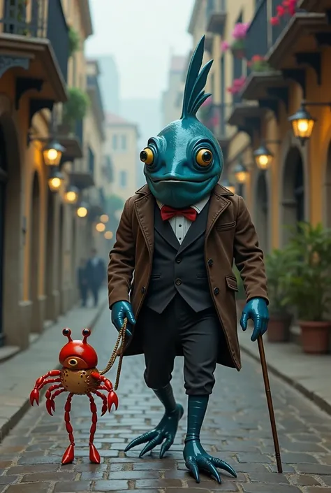 A fish with legs and arms , Of color blue,  walking down a cobblestone street in an ancient European city .  The fish wears elegant black and a gold monocle in your left eye .  Wear a brown frock coat and carry a cane in one of your hands . At your side,  ...