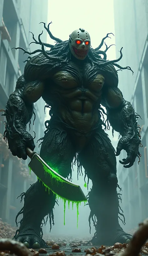 A hulking figure with Venom’s gooey tendrils wrapped around Jason’s hockey mask, glowing red eyes, and a toxic machete in a clear bright environment