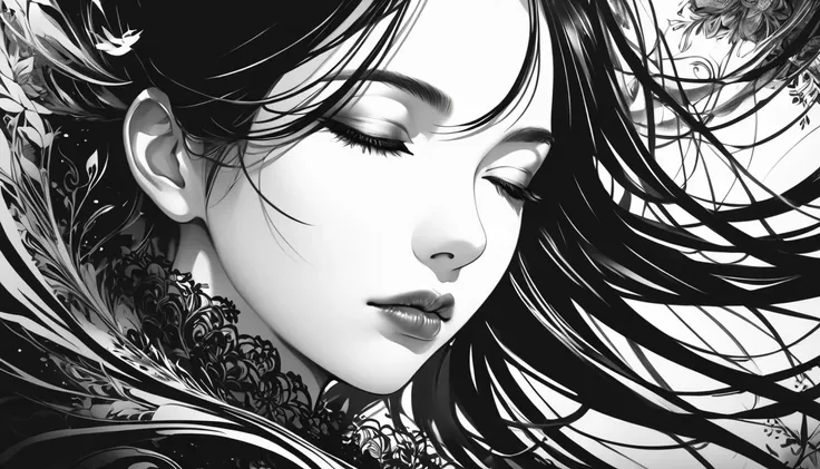  Profile of Woman with Closed Eyes in Black and White Hair by Jennifer Janesco、 monochromatic airbrush painting 、Black and white art、Black and white artワーク、 elaborate digital illustration、Black and white painting 、 Art Germ portrait 、Black ink painting 、Lo...