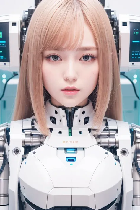 masterpiece, best quality, extremely detailed,portrait,upper body,front view,Japaese android girl,Plump, control panels,android,Droid,Mechanical Hand, Robot arms and legs,Blunt bangs,long tube,thick cable connected her neck,