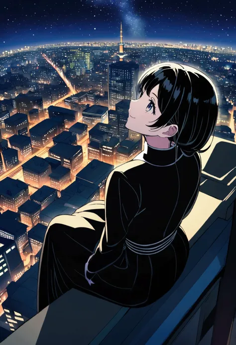 a beautiful japanese woman with smile sitting crossed-legged on the rooftop of a high-rise building in tokyo, beautiful night cityscape, starry night sky, anime style, black outfit, looking up the starry sky. at the night scenery。黒いボディスーツ。